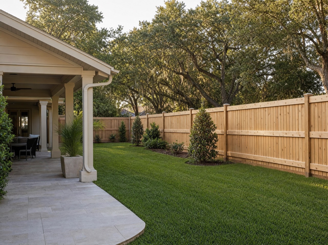 Completed wood privacy fence installation in Acadiana